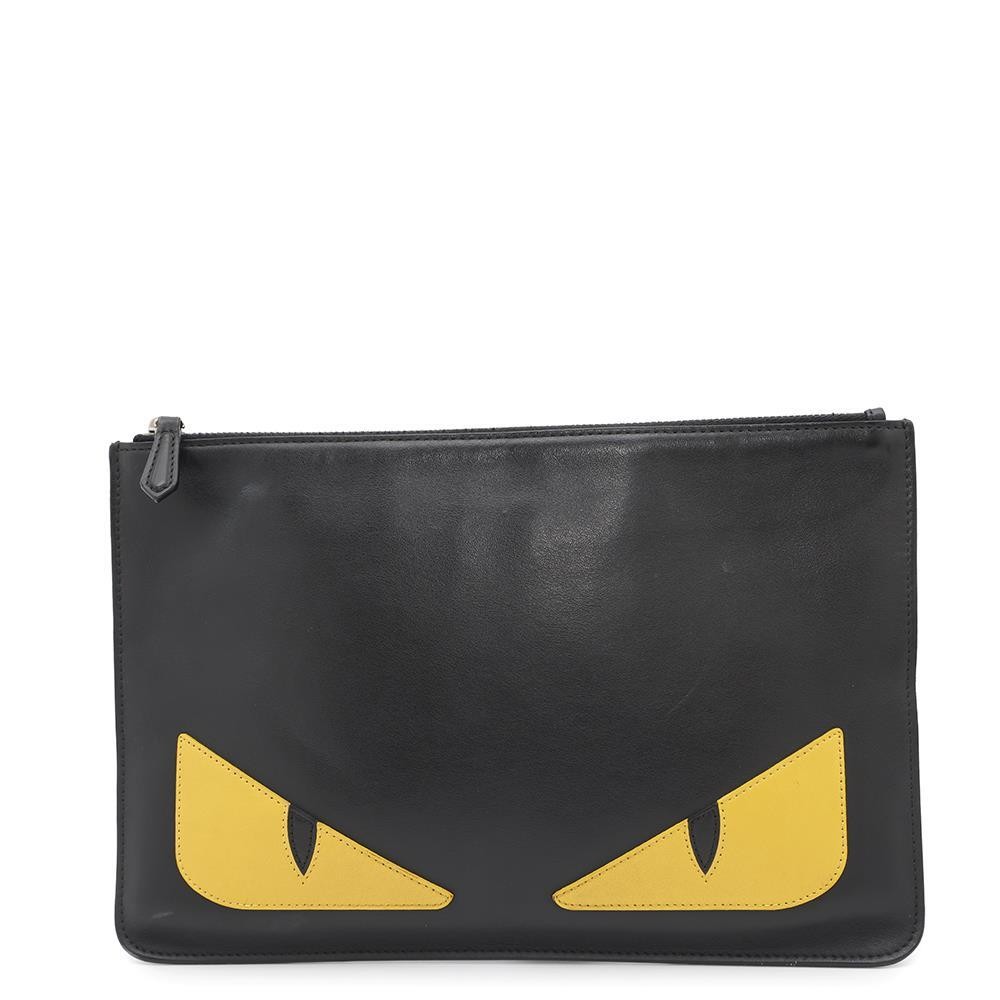 RARE FENDI Monster Bugs Eye Slim Clutch 7N0078 Black Second Hand Bag