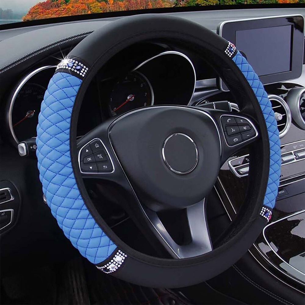 Car Diamond Steering Wheel Cover Auto Anti Slip Wheel Protector Leather 38-37CM