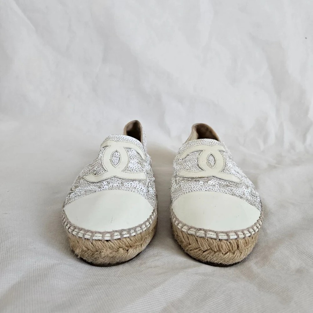 Chanel White Sequin Embellished Espadrilles Size 40