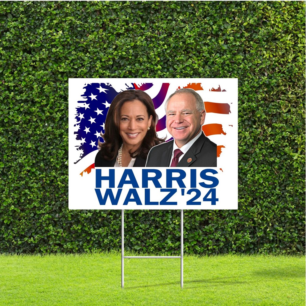 Harris Walz 2024 Picture waving flag Election Yard Sign with Metal H Stake