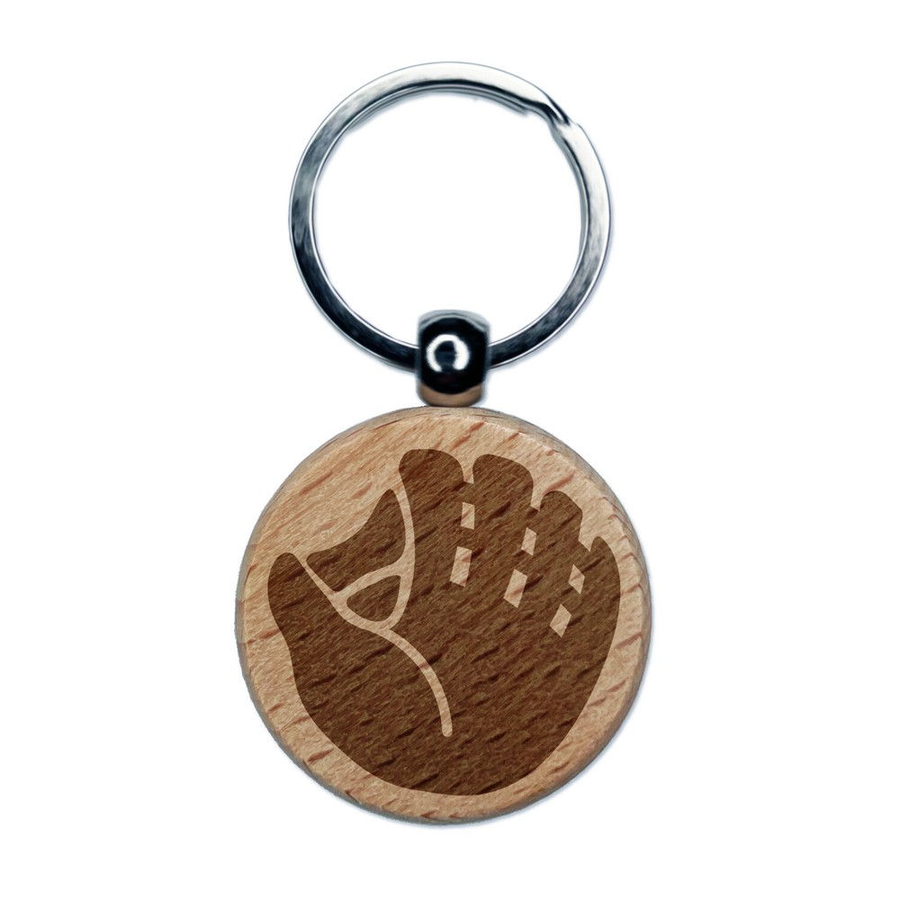 Baseball Glove Mitt Engraved Wood Round Keychain Tag Charm