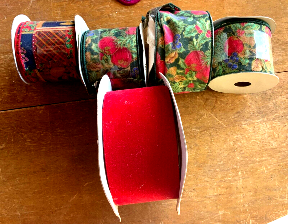 Clearance Sale, Lot of Wide Floral, Red, Christmas Ribbons-image