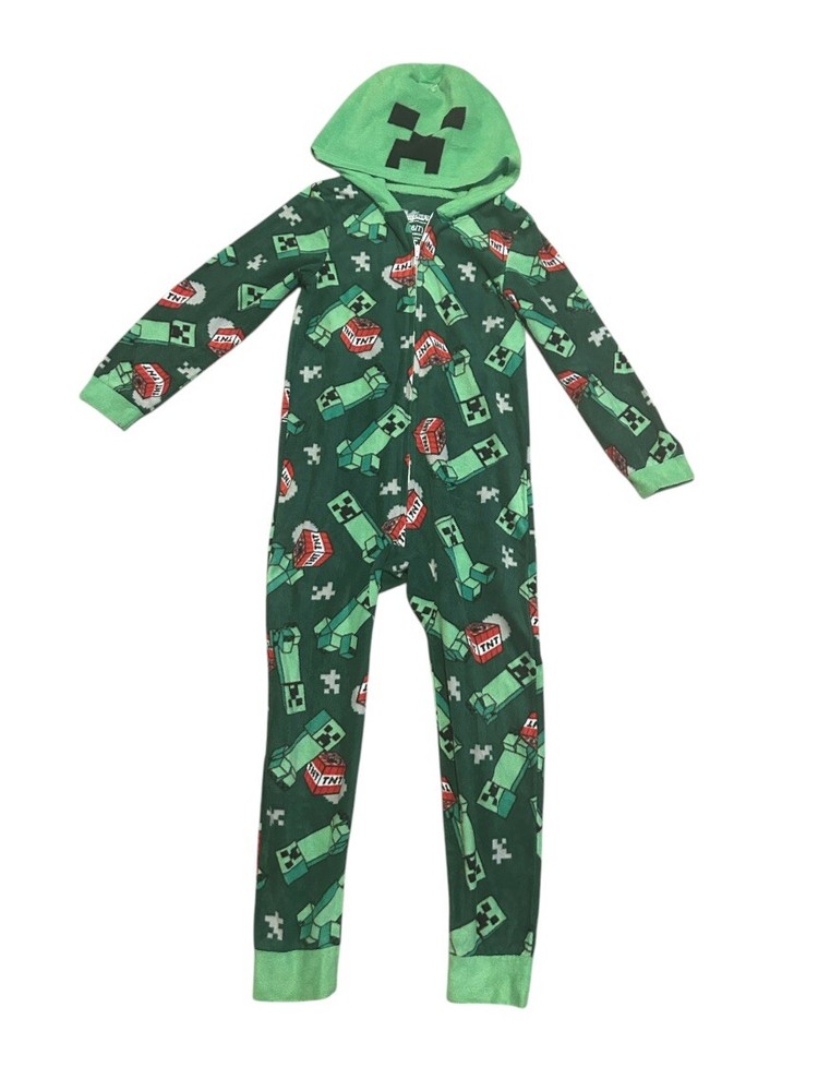 Minecraft Creeper Hooded One Piece Zip Up Footless Pajamas Boys Size 6/7