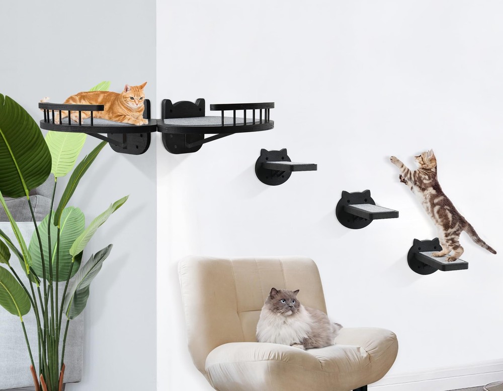 Wall-Mounted Cat Shelves Set with Perches Steps and Scratching Posts