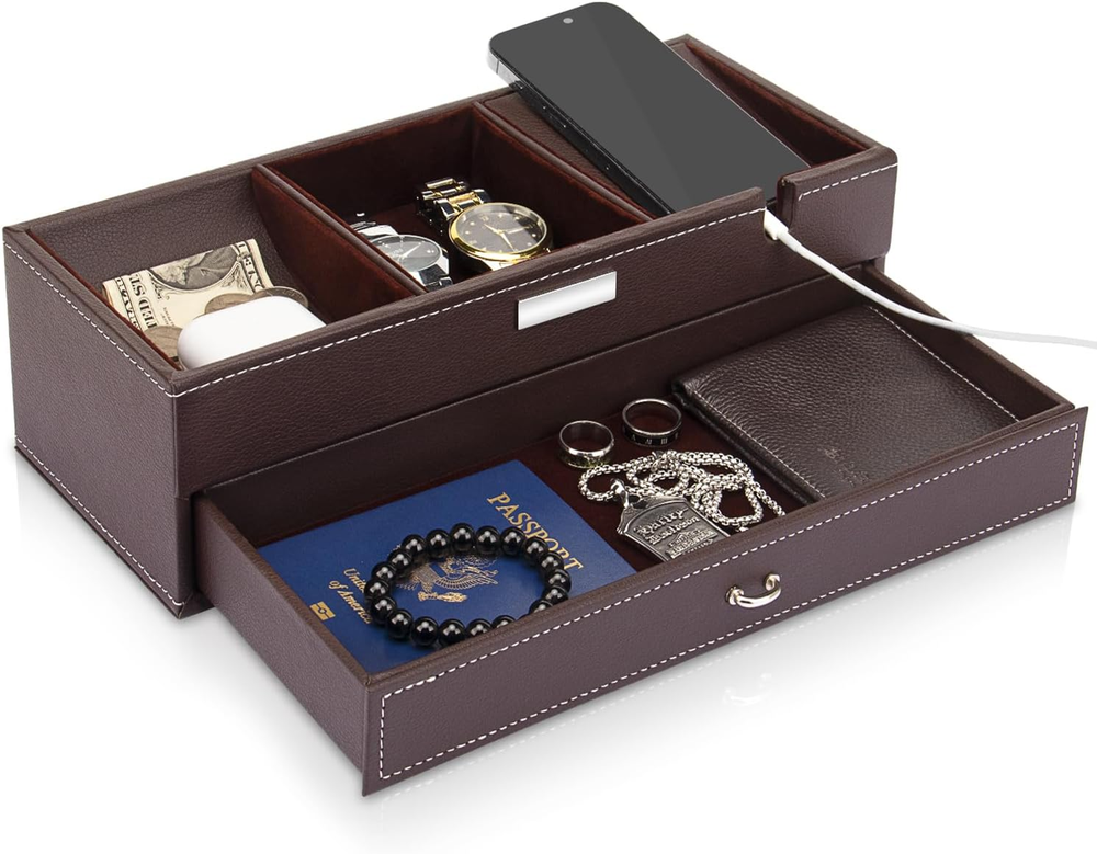 Leather Valet Tray for Men - Nightstand Organizer & Jewelry Storage Box
