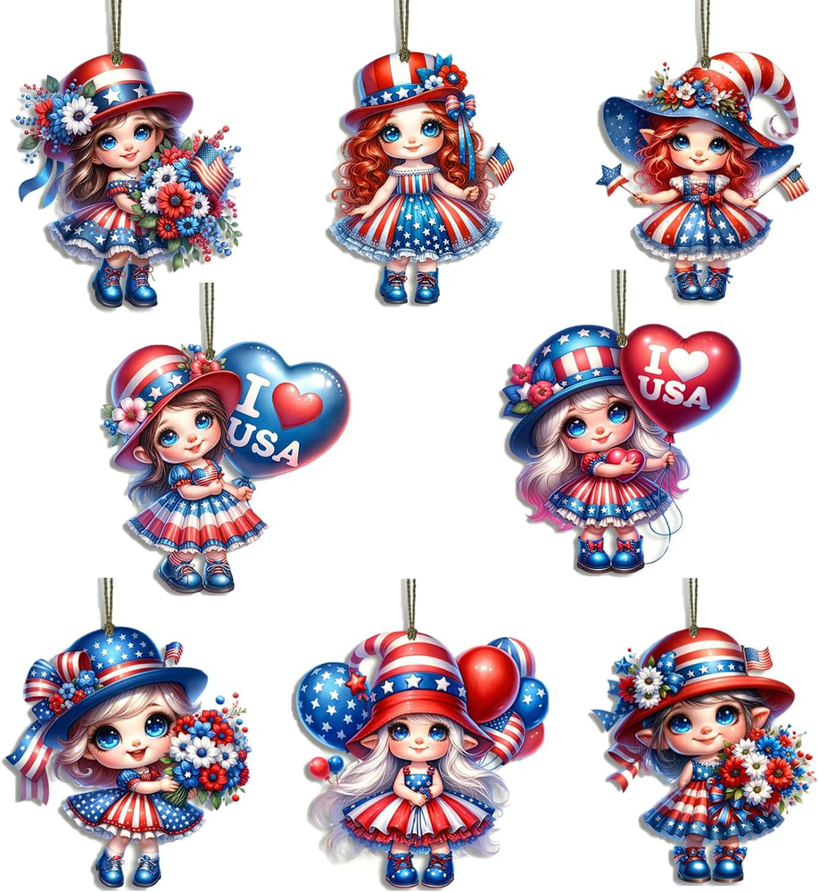 8-Piece 4th of July Patriotic Fairy Tree Decorations for Girls