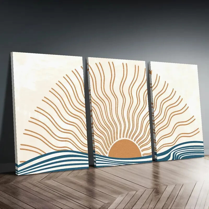 3pcs Line Art Of Sun & Waves, Minimalist Nature Canvas Unframed