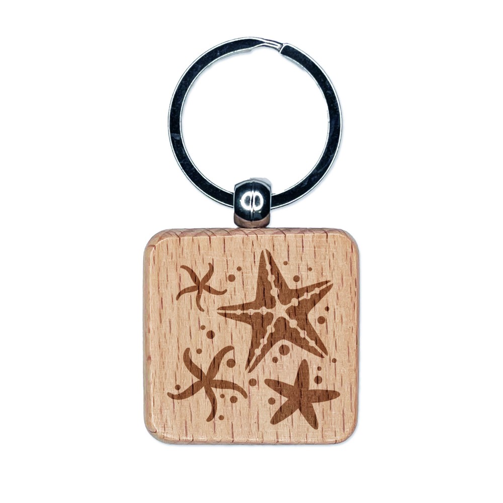 Ocean Starfish Engraved Wooden Square Keychain Charm  