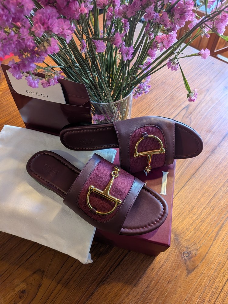 Gucci Horsebit Slide Sandals Red Anchor Bordeaux GG Logo 38 Women New