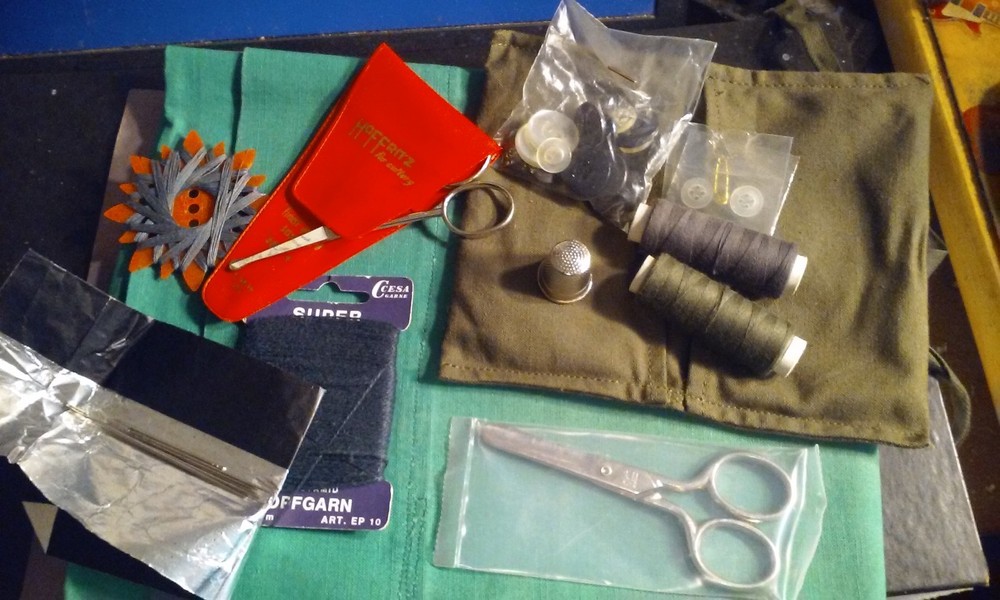 Vintage Military Sewing Kit with Green Cloth Wrap Pouch and Full Contents