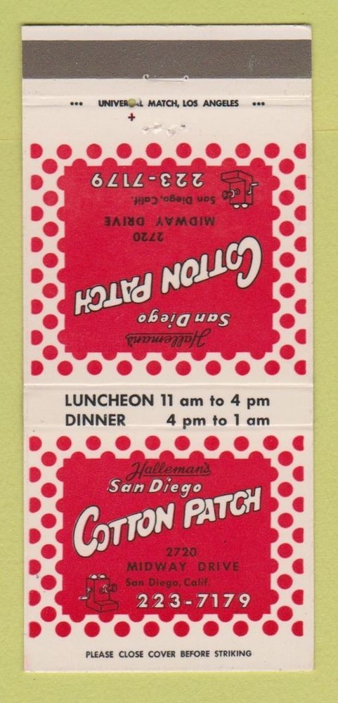Vintage Halleman's Cotton Patch Matchbook Cover San Diego CA 30 Strike