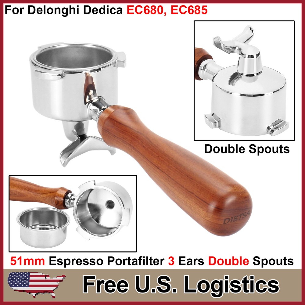 51mm Espresso Portafilter Double Spouts 3 Ears - For Delonghi Dedica EC680 EC685
