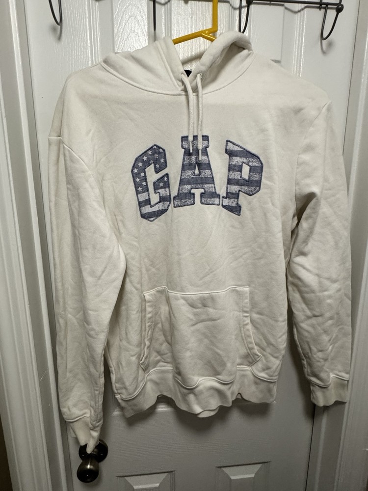 White Hoodie with Blue Block Letter Logo, Stars & Stripes Design