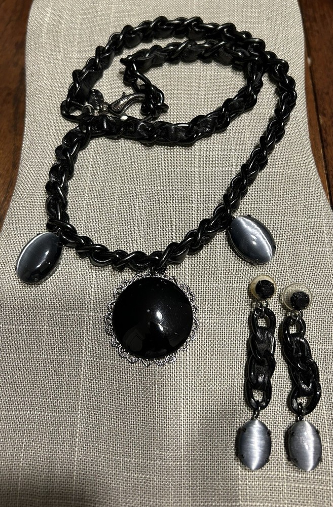 Vintage Dickson Beamon Black Metal Leather Gemstone Pendant Necklace Earrings