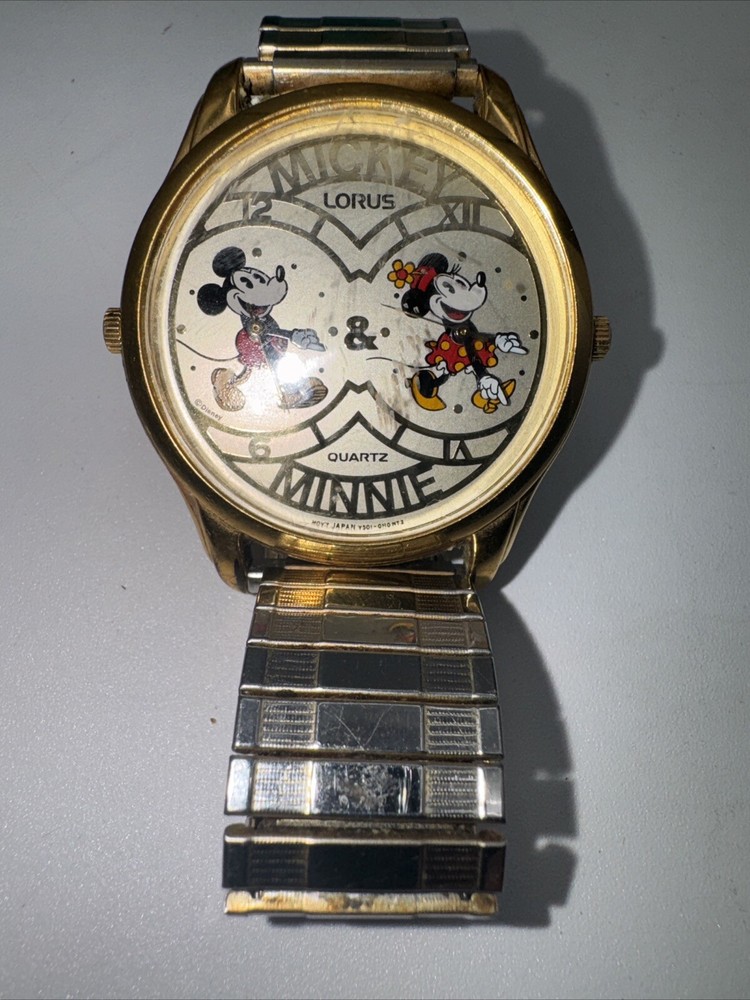 Disney Mickey & Minnie Mouse Watch Dual Time Zone Vintage Lorus Japan Move (chd)