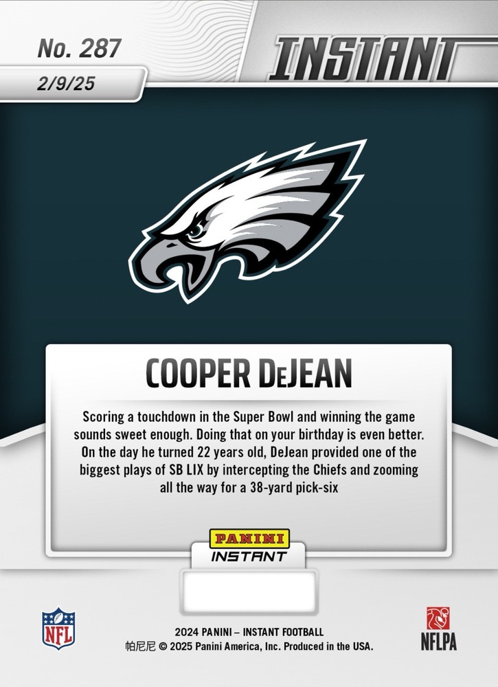 Presale GRADED GEM-MT 10 COOPER DEJEAN PICK 6 Super Bowl 2024 PANINI Rookie #287-image