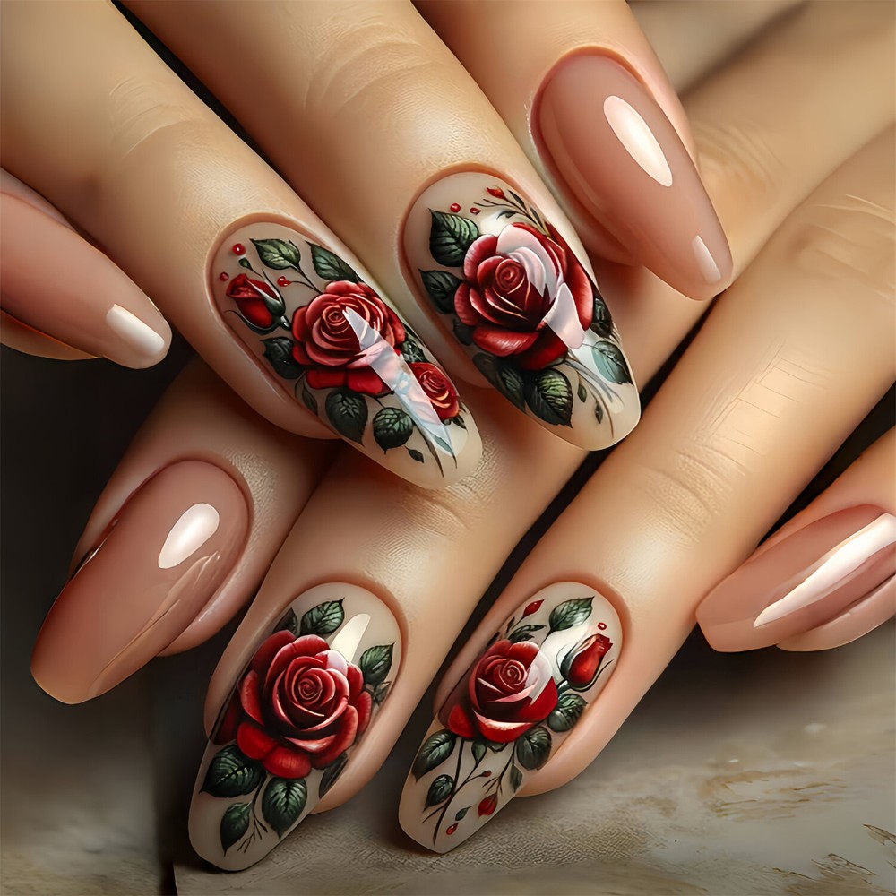 Long Coffin Press-On Fake Nail Vinatge Rose Valentine's Day Manicure 24pcs