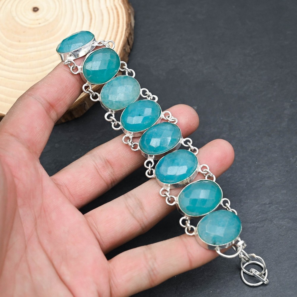 Skota Emerald Gemstone Handmade 925 Sterling Silver Jewelry Bracelet 7-8