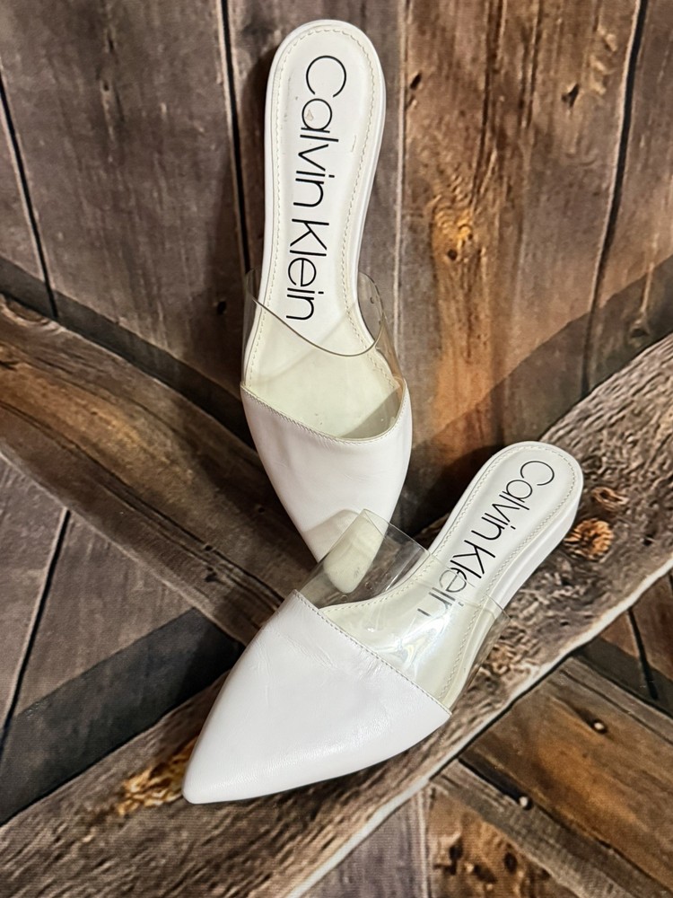 CK Calvin Klein Women White Pointy Toe Slides Shoes sz 8