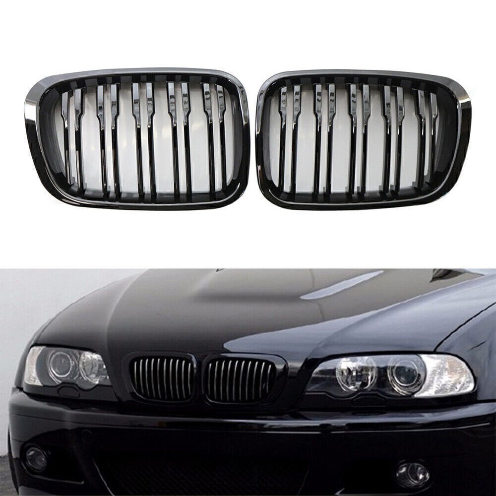 2 x Front Twin Bar Grille Grills For BMW 3 Series E46 1999-2001 4 Door Gloss Car