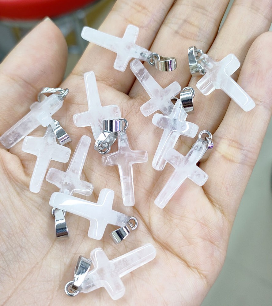 10pcs Natural Rock Quartz Gems Cross Pendants Amulet stainless steel