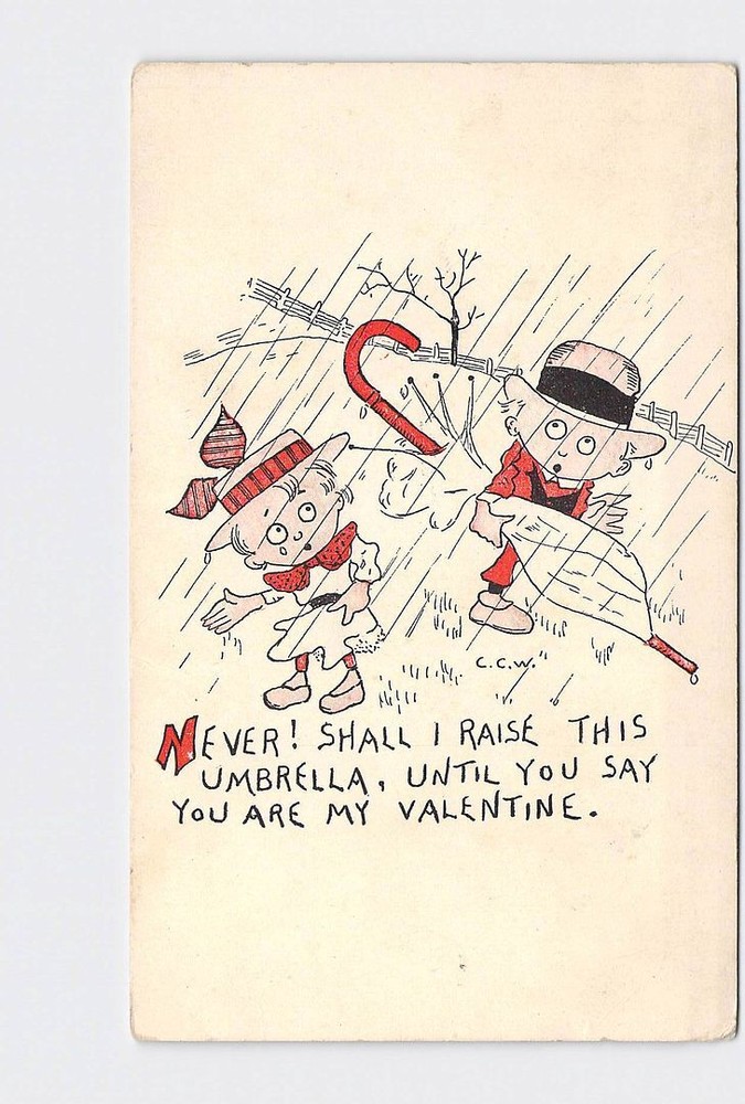 Romantic Valentine Comic Postcard of Couple Under Umbrella in Rain  