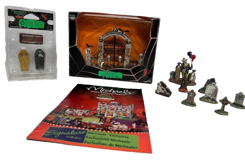 Lemax Spooky Town Halloween 12-Piece Figurine Set with Clown Cemetery Gate and Headstones