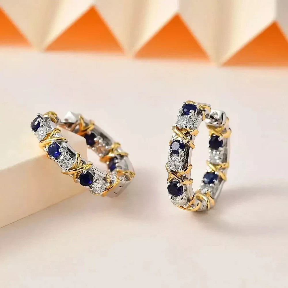 Lab-Created Sapphire Round Cut 14k Two-Tone Gold Hoop Earrings 2Ct Women
