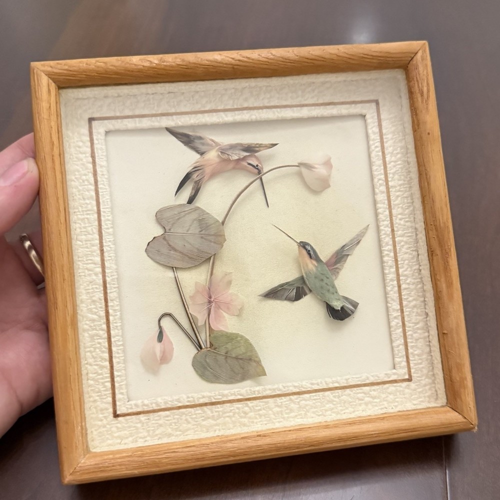 Vintage Mid Century Asian Feather Art Shadow Box Framed Bird White Floral Decor  