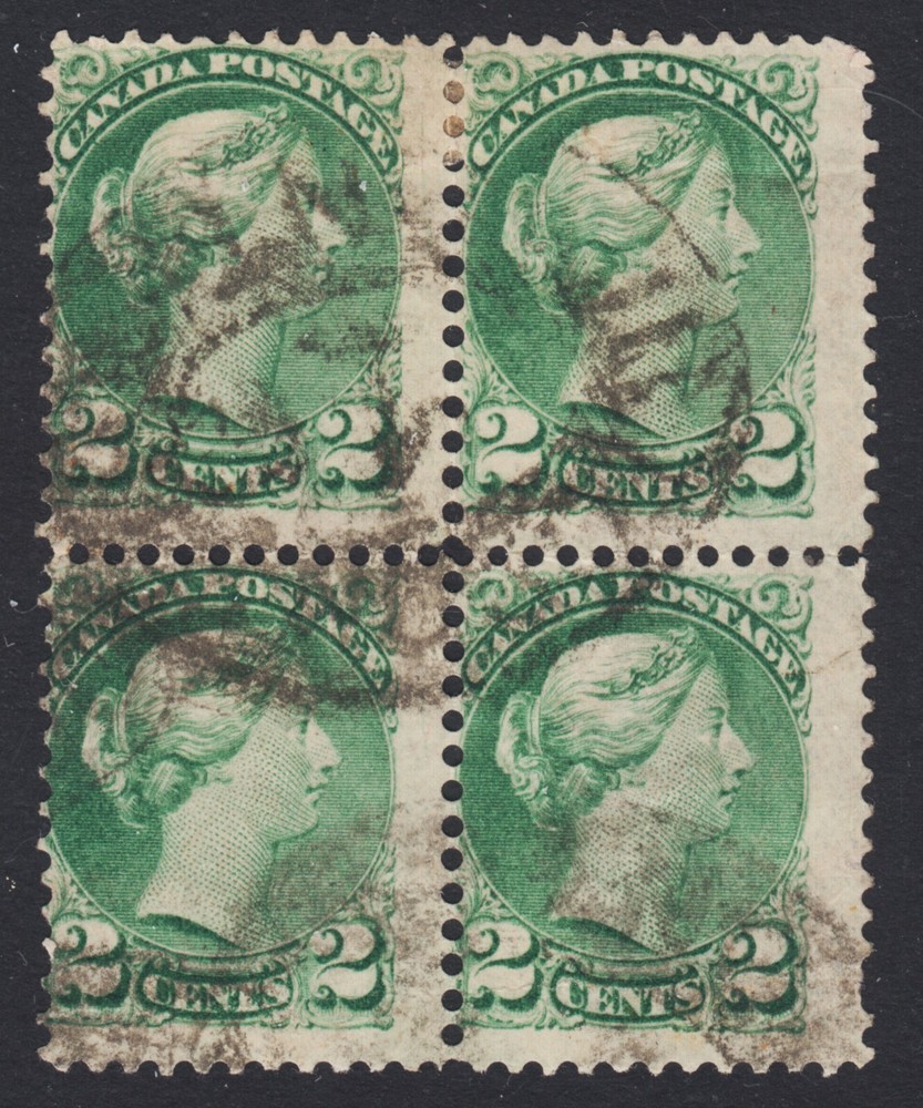 CANADA 36 Used 2c Small Queen MONTREAL PRINTING BLOCK OF 4