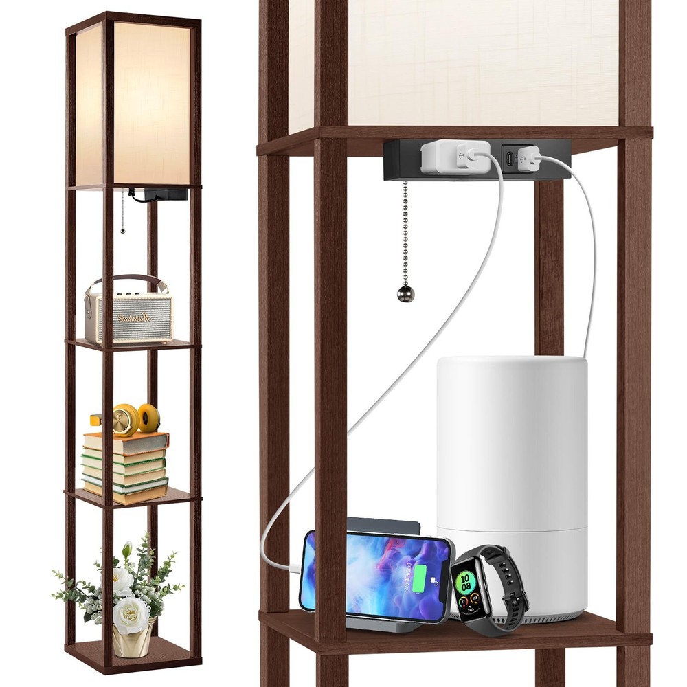 Floor Lamp with Shelves, LED Shelf Floor Lamp with USB & Type C Ports, 1 AC O...
