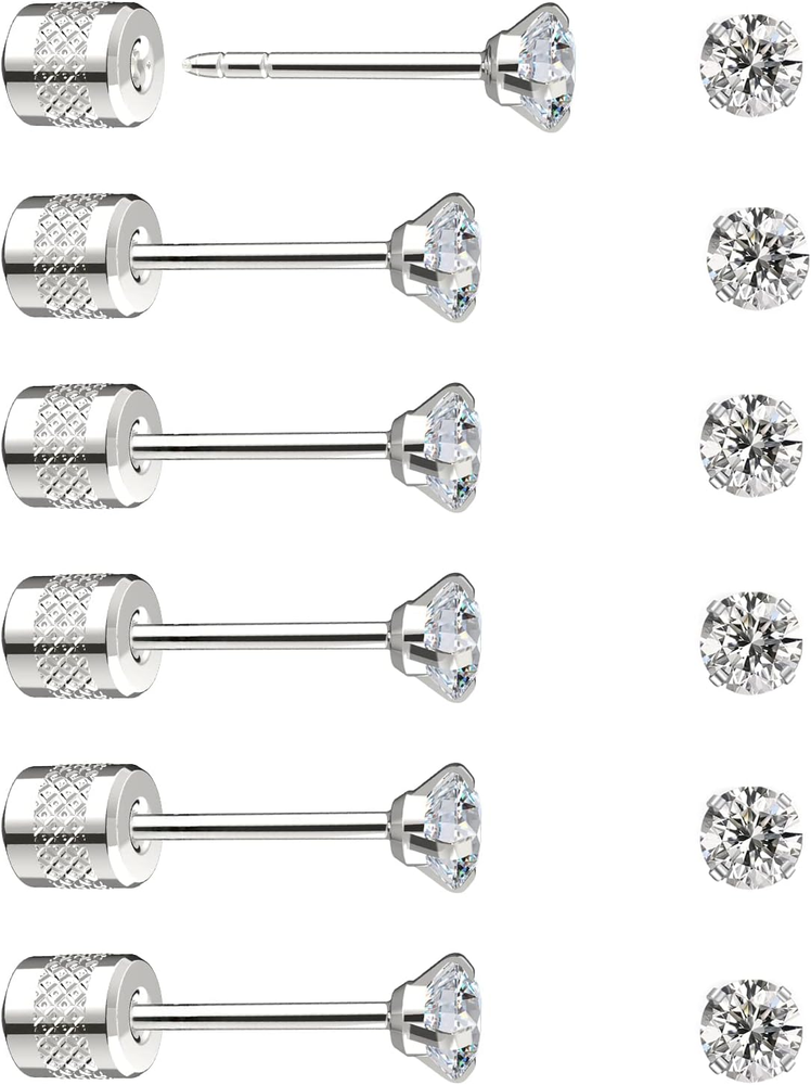 Threadless Flat Back Stud Earrings, 6 Pairs Titanium Hypoallergenic Earrings ...
