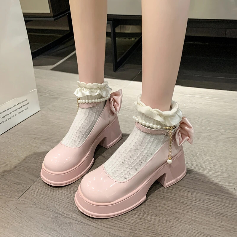 Pearl Buckle Mary Jane High Heels for Women Spring Banquet Lolita Shoes