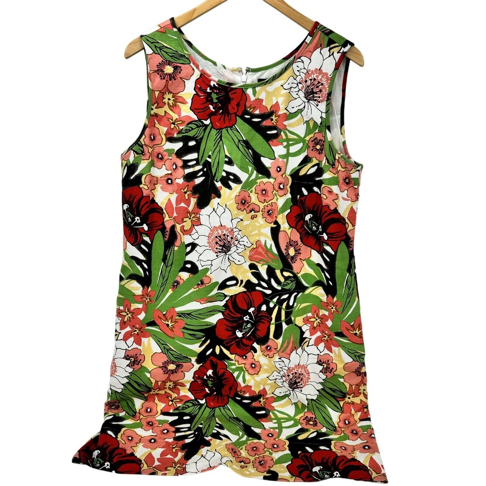 Talbots Dress Womens 14 Floral Shift Lined Sleeveless Zip Up Midi + Pockets