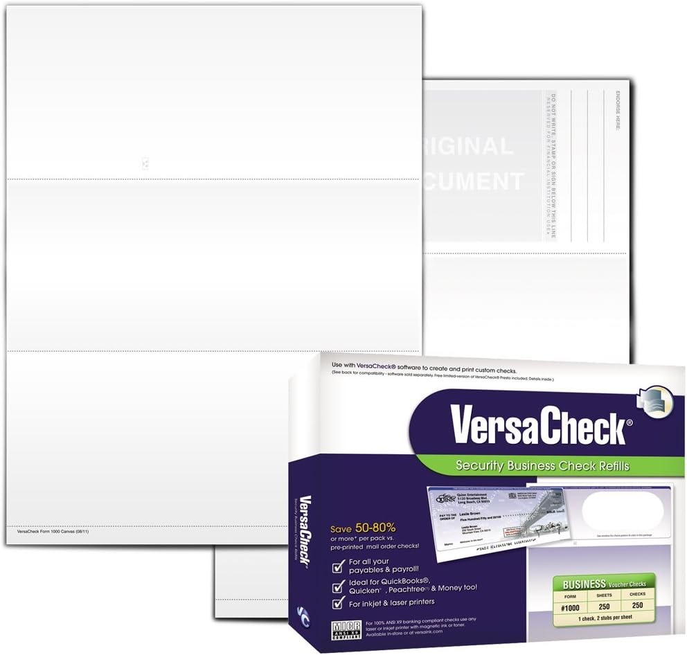 VersaCheck Secure Checks - 250 Blank Business Voucher 250 Sheets, White-image