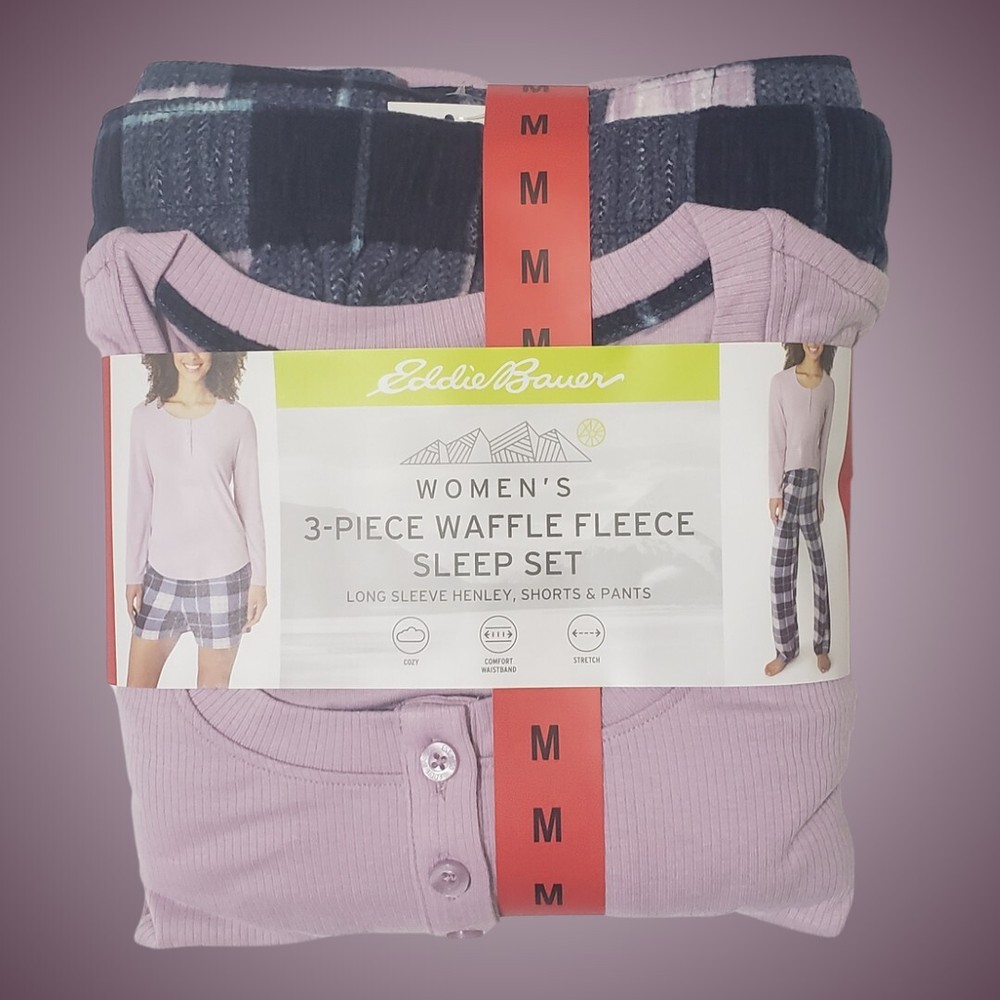 Eddie Bauer Womens Medium Purple Waffle Fleece 3-Piece Pajama Set Sleepwear