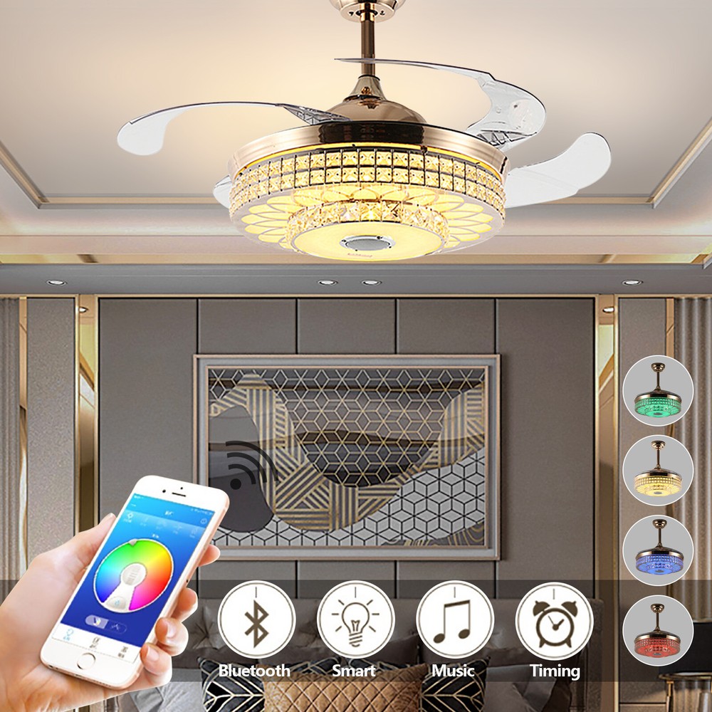 42-inch 7-Color Retractable Ceiling Fan with Remote Bluetooth Speaker Light