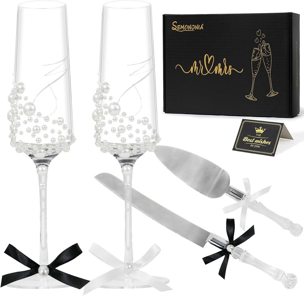 Elegant 4-Piece Wedding Toasting Glasses with Champagne Knife Set