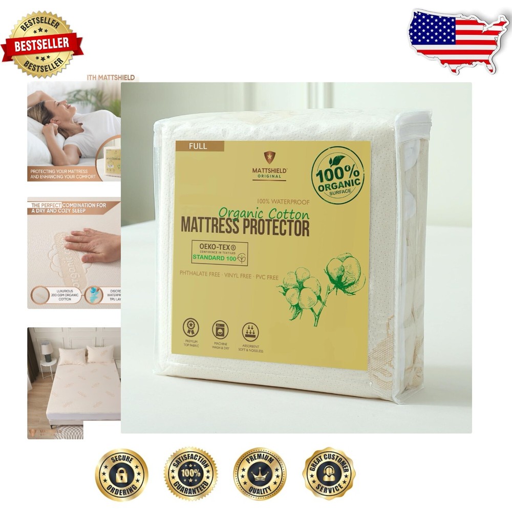 Fitted Waterproof Organic Mattress Protector Full - Breathable & Durable Design