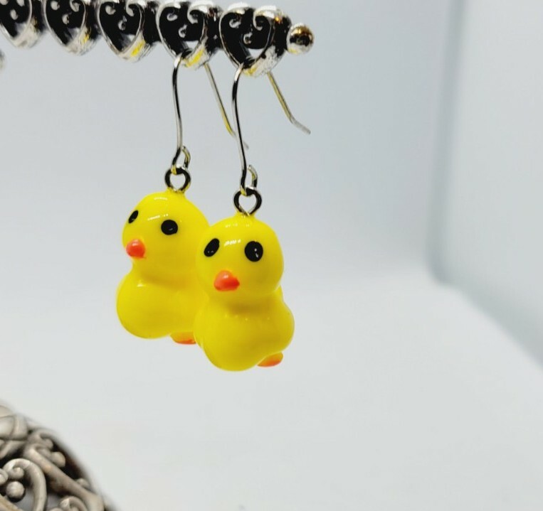 Yellow BABY CHICKEN Earrings Dangling FARM ANIMAL Jewelry Adorable 1.4