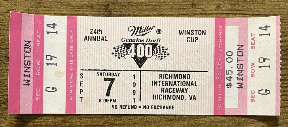 NASCAR Richmond 1991 Ticket Stub Winner Harry Gant Race Memorabilia