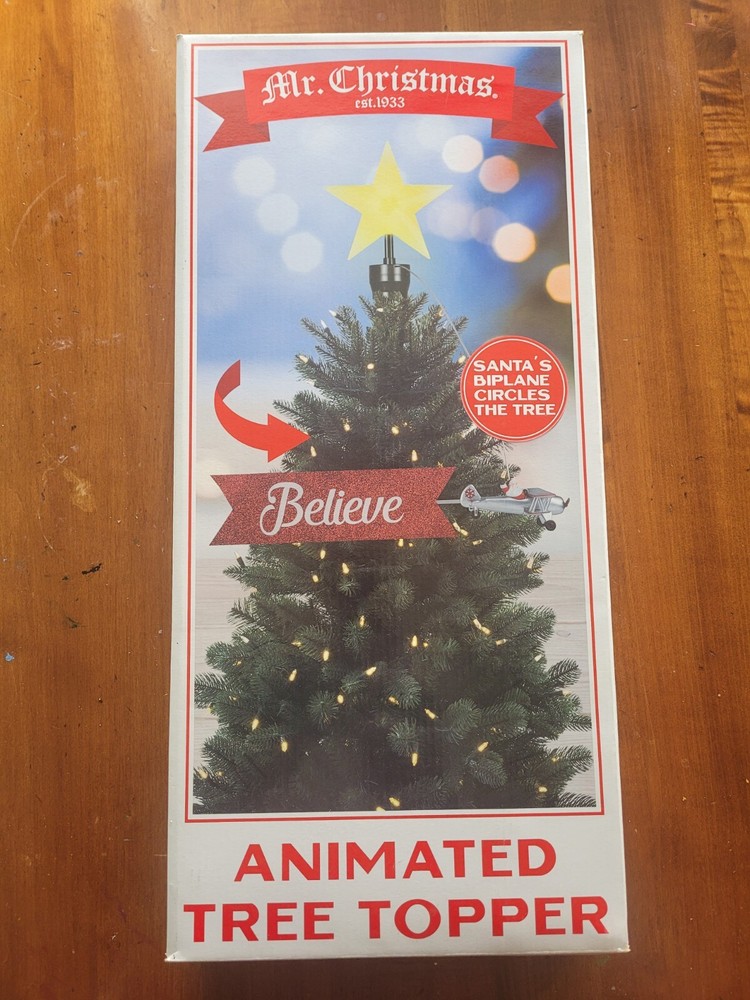 Mr. Christmas Animated Tree Topper Santa's Airplane Circles Tree Believe Biplane