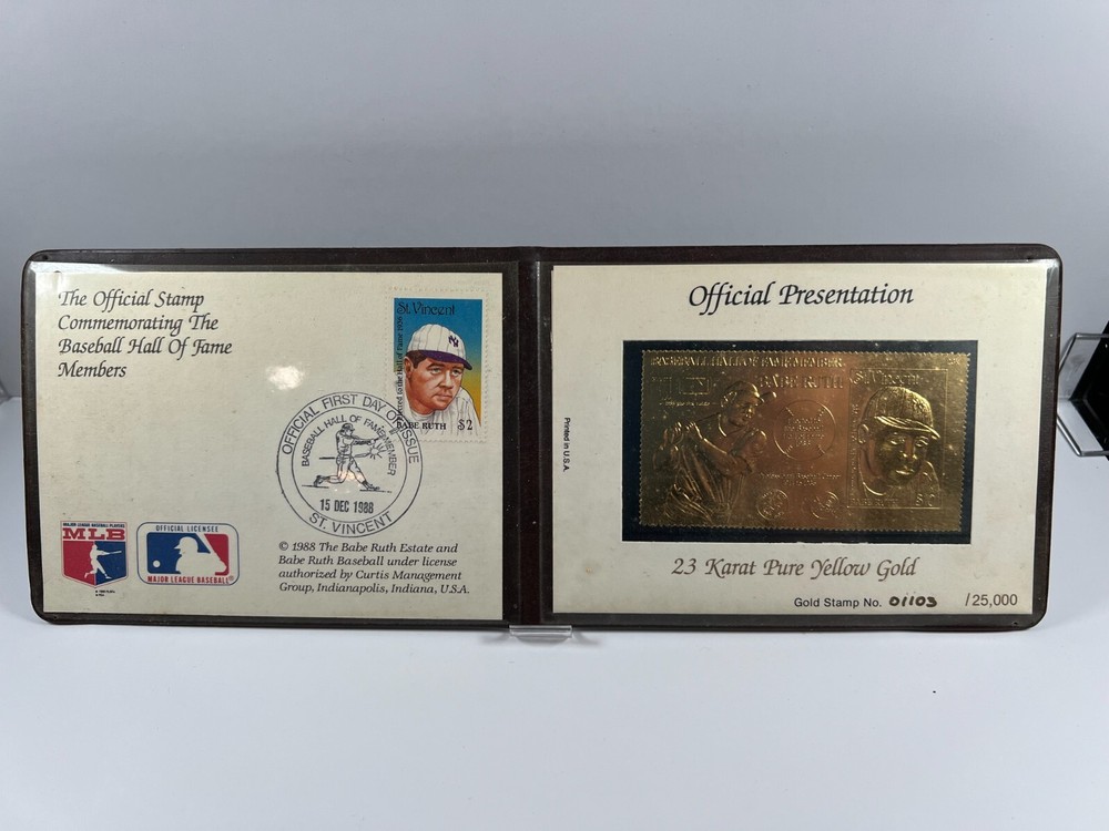 BABE RUTH 23 KARAT OFFICIAL FIRST DAY OF ISSUE HALL OF FAME GOLD STAMP