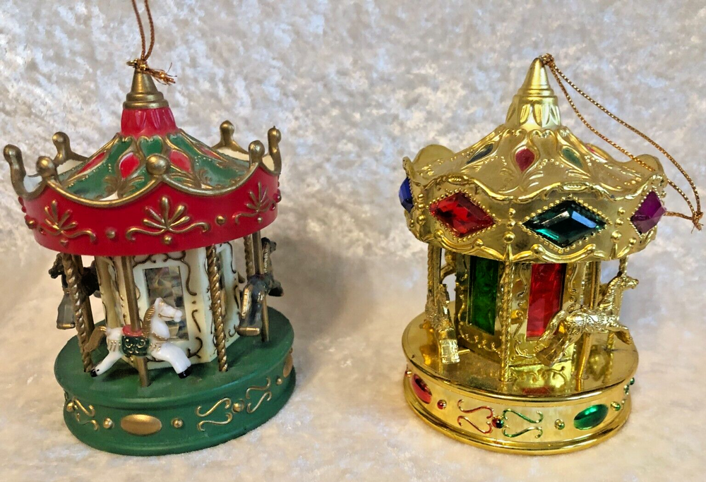 2 Vintage Christmas Ornament Carousel Merry Go Round Horses Gold Red Green