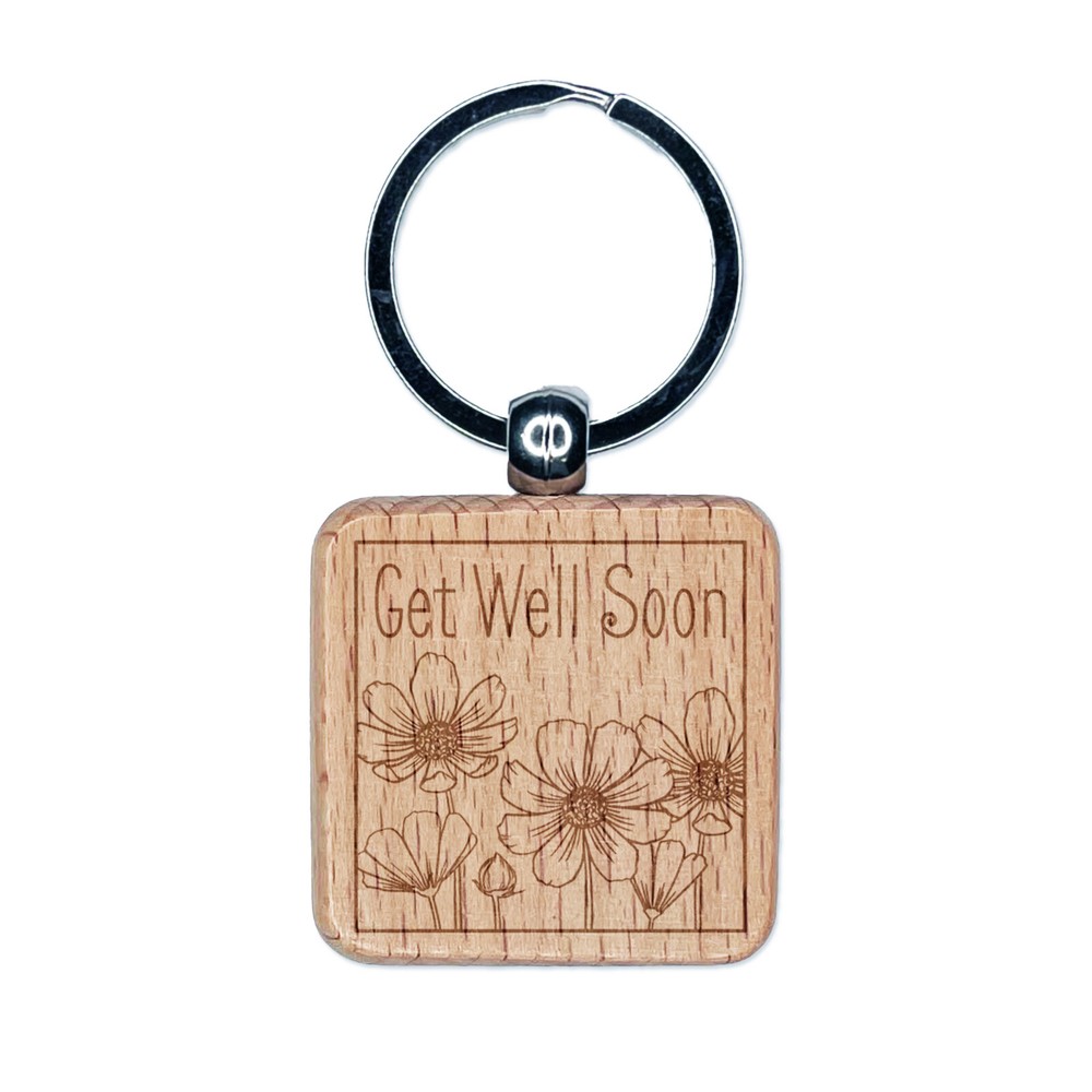 Get Well Soon Cosmos Flowers Drawing Engraved Wood Square Keychain Tag Charm