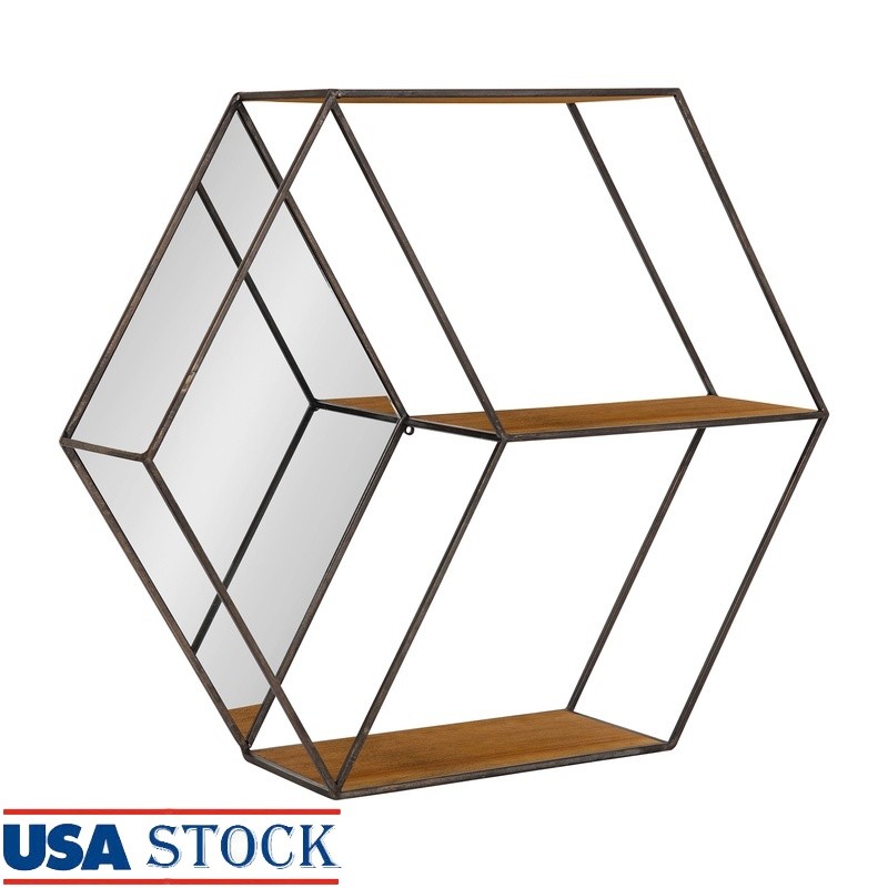 Hexagon Floating Wall Shelves with Mirror in Rustic Brown for Stylish Storage