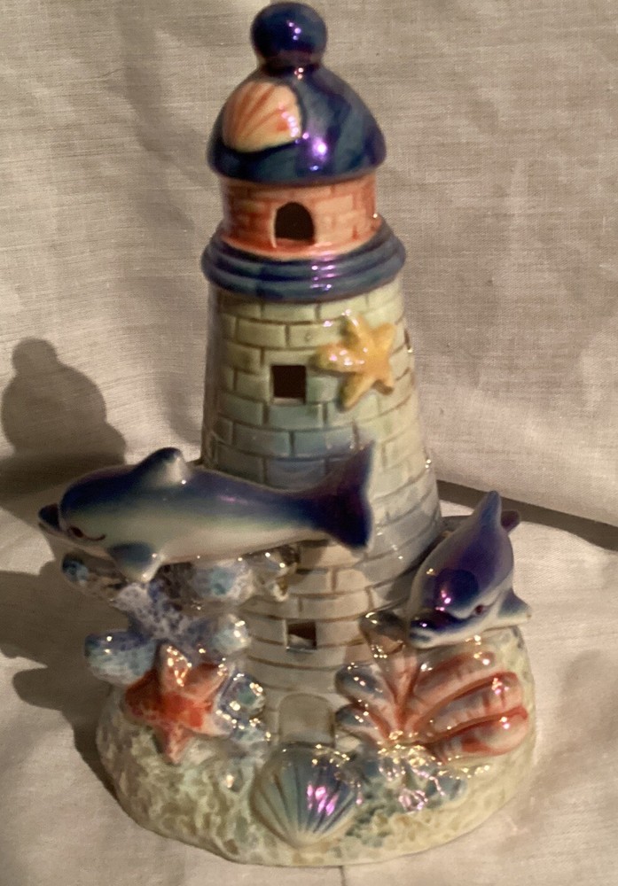 Light House Swimming Dolphins Figurine Votive Candle Holder