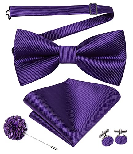 Men's Dark Purple Pre-Tied Bow Tie Set with Pocket Square & Cufflinks