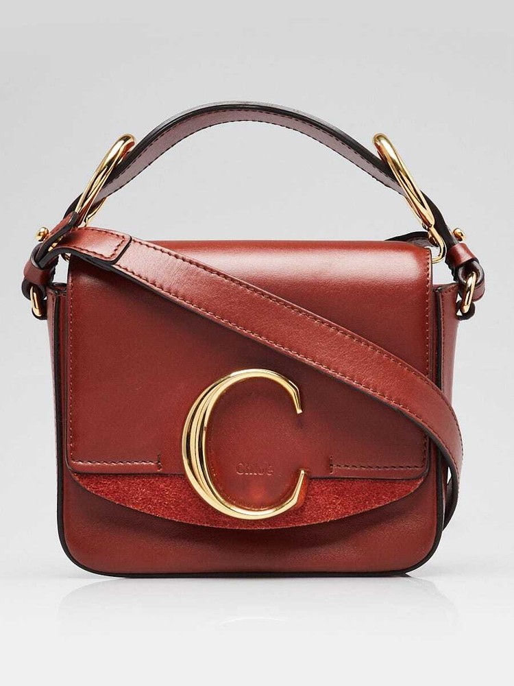 Chloe Brown Mini C Shoulder Bag in Soft Calfskin Leather