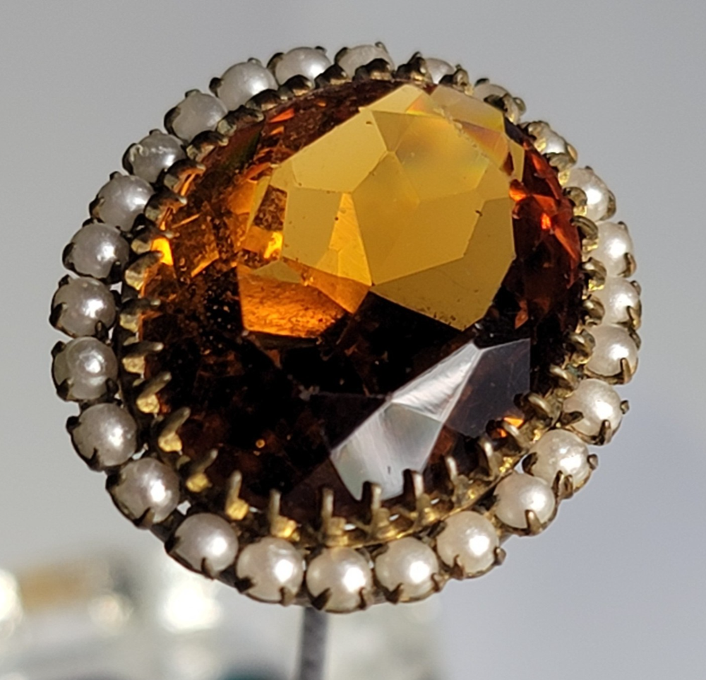 Hatpin Halo Set Seed Pearls Oval Cut Citrine, Topaz, Amber? Faceted Center Stone